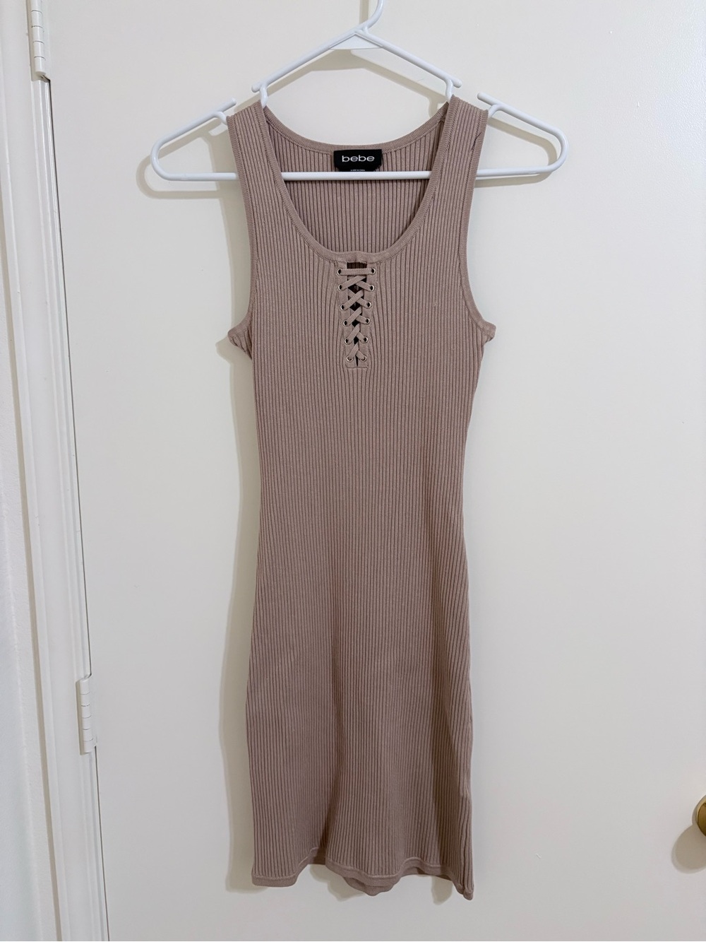 Bebe Taupe Ribbed Lace-Up Midi Dress